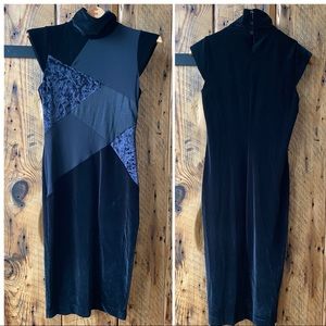 Fuzzi Black Velvet Patchwork High Neck Stretch Y2K Style Dress